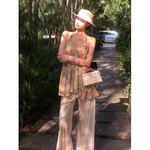 不規則豹紋串珠吊帶衫連衣裙女2025夏季天絲醋酸V領上衣辣妹短裙