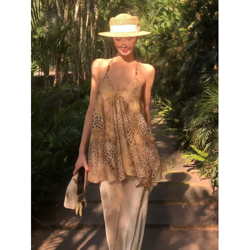 不規則豹紋串珠吊帶衫連衣裙女2025夏季天絲醋酸V領上衣辣妹短裙