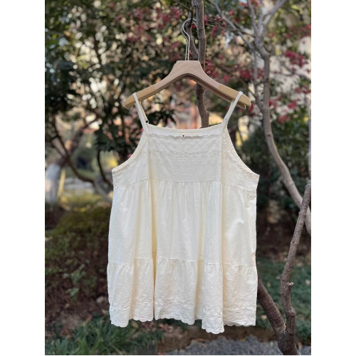 25夏森女系棉布刺綉吊帶衫寬松曡穿花邊拼接小吊帶甜美減齡上衣女