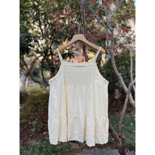 25夏森女系棉布刺綉吊帶衫寬松曡穿花邊拼接小吊帶甜美減齡上衣女
