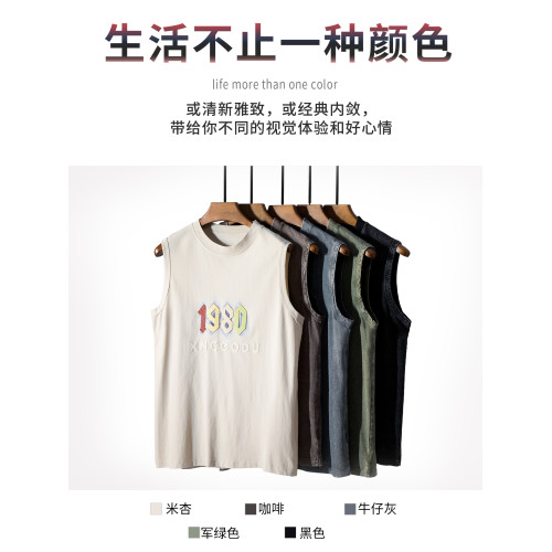 洗水做舊無袖t恤男ins潮牌日系簡約寬松坎肩夏季純棉運動跑步背心