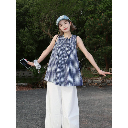復古藍白格子無袖襯衫女吊帶衫2025夏季新款寬松系帶娃娃背心上衣
