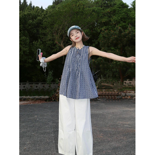 復古藍白格子無袖襯衫女吊帶衫2025夏季新款寬松系帶娃娃背心上衣