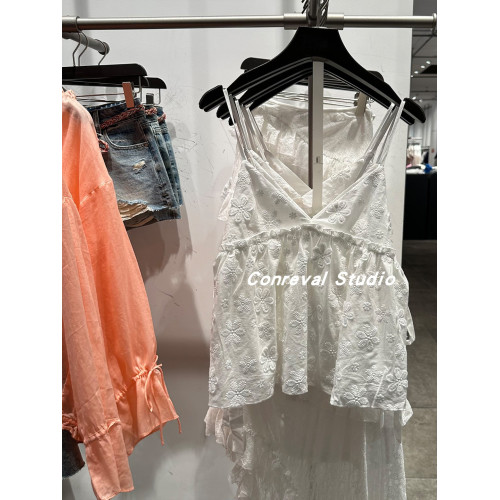 SH&UR2025夏季新款女裝法式休閒度假感刺綉綁帶V領吊帶衫上衣ins