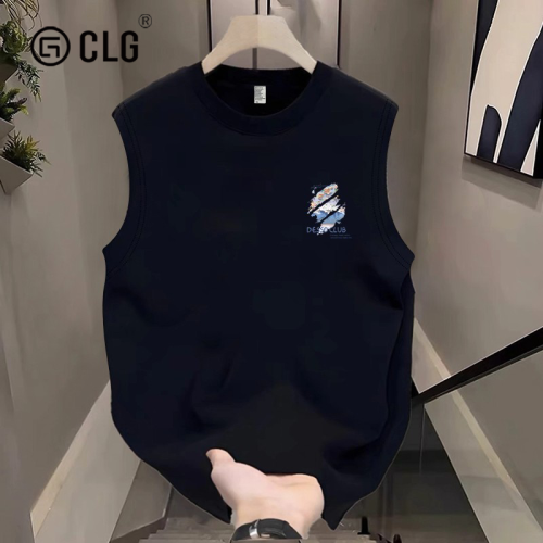 香港CLG潮牌美式潮流水墨剪影印花男無袖背心夏季寬鬆運動T恤坎肩