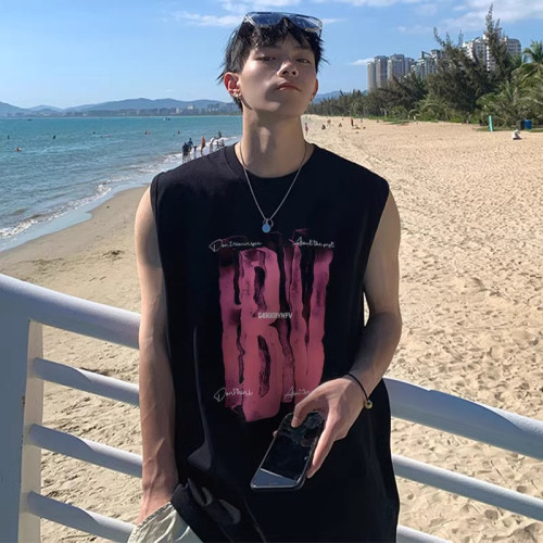 倉石一樹美式背心男士夏季新款街頭創意字母印花純棉無袖體恤