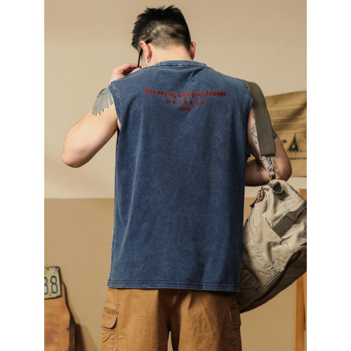 美式潮男印花無袖背心男夏季休閒健身運動寬松純棉復古坎肩T恤衫