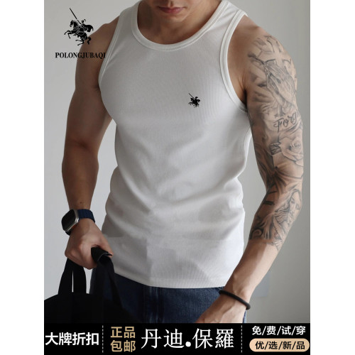 保羅馬標湯匙領羅紋工字背心彈力修身休閒健身運動春夏季打底男士