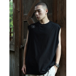 RUSHBON 25SS新款休閒坎肩印花圓領速乾抗菌砍袖背心T恤男夏季tee