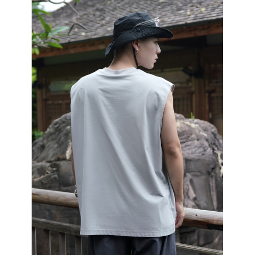 RUSHBON 25SS新款休閒坎肩印花圓領速乾抗菌砍袖背心T恤男夏季tee