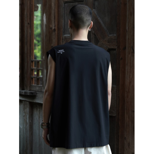 RUSHBON 25SS新款休閒坎肩印花圓領速乾抗菌砍袖背心T恤男夏季tee