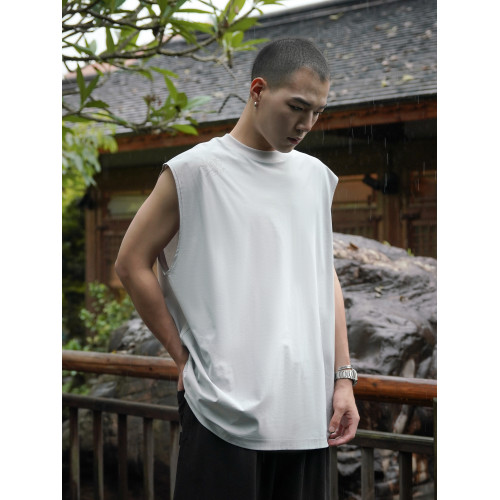 RUSHBON 25SS新款休閒坎肩印花圓領速乾抗菌砍袖背心T恤男夏季tee