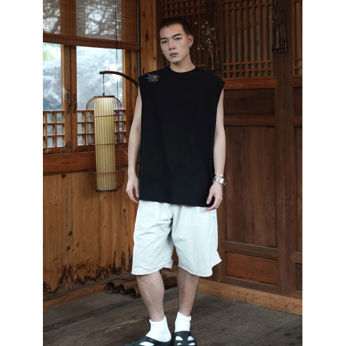 RUSHBON 25SS新款休閒坎肩印花圓領速乾抗菌砍袖背心T恤男夏季tee