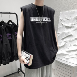 特大碼300斤字母印花純棉背心男女裝夏季港風寬松休閒運動無袖T恤