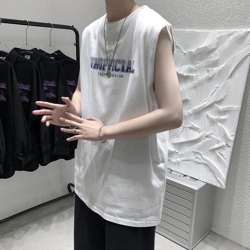 特大碼300斤字母印花純棉背心男女裝夏季港風寬松休閒運動無袖T恤