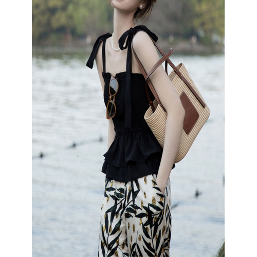 小背心女設計感荷葉邊修身顯瘦系帶上衣外穿赫本風黑色短款吊帶衫