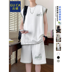 GU CA冰絲背心t恤夏季薄款寬松短褲一套休閒大碼男生無袖運動套裝