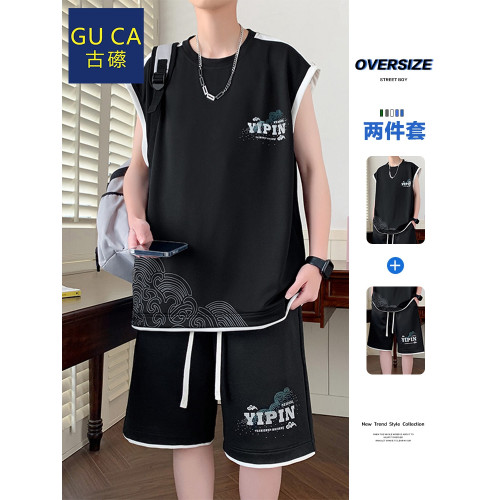 GU CA冰絲背心t恤夏季薄款寬松短褲一套休閒大碼男生無袖運動套裝