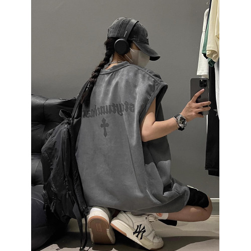 麂皮絨粉色無袖背心男夏季美式復古重磅t恤潮牌寬松高街痞帥坎肩