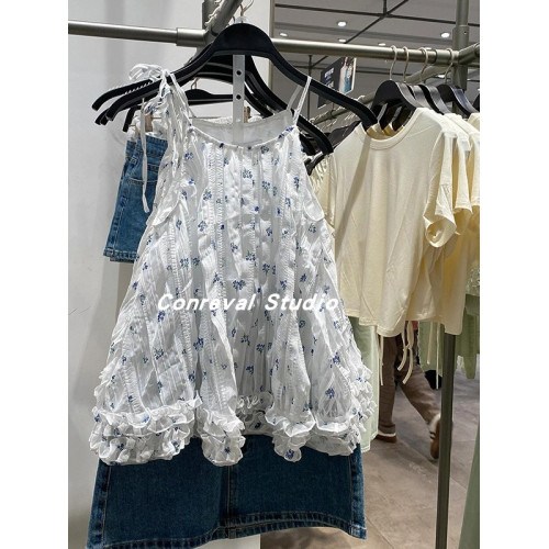 SH&UR2025夏季新款甜美休閒田園風撞色碎花圖案吊帶衫超仙上衣女
