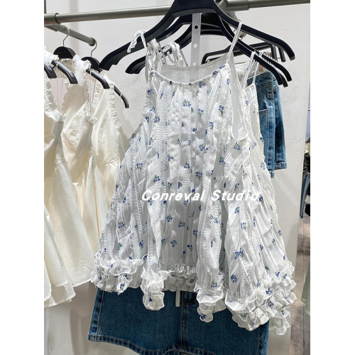 SH&UR2025夏季新款甜美休閒田園風撞色碎花圖案吊帶衫超仙上衣女