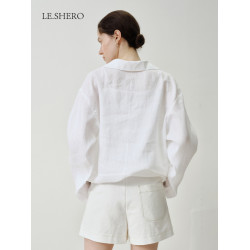 LE.SHERO【辛芷蕾同款】深v領松弛感亞麻空氣防曬長袖襯衫女襯衣