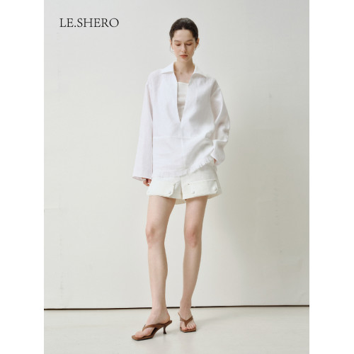 LE.SHERO【辛芷蕾同款】深v領松弛感亞麻空氣防曬長袖襯衫女襯衣
