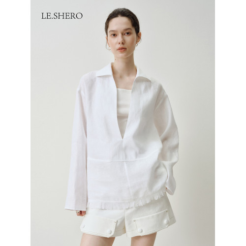 LE.SHERO【辛芷蕾同款】深v領松弛感亞麻空氣防曬長袖襯衫女襯衣