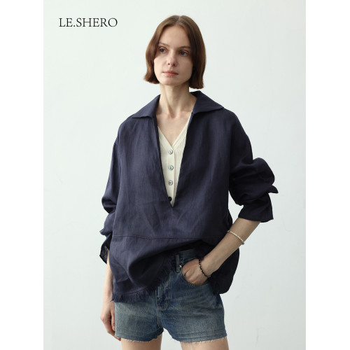 LE.SHERO【辛芷蕾同款】深v領松弛感亞麻空氣防曬長袖襯衫女襯衣