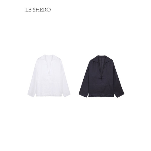 LE.SHERO【辛芷蕾同款】深v領松弛感亞麻空氣防曬長袖襯衫女襯衣