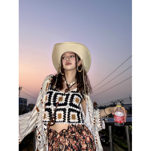 度假風鉤花背心貓之旅店海邊度假手工編織鏤空民族風吊帶衫甜美