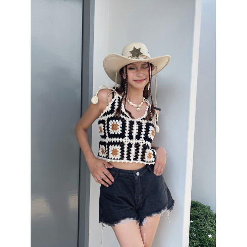 度假風鉤花背心貓之旅店海邊度假手工編織鏤空民族風吊帶衫甜美
