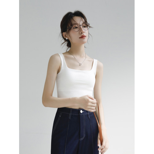 短款方領背心女帶胸墊辣妹性感美背防走光露臍打底無袖吊帶衫上衣