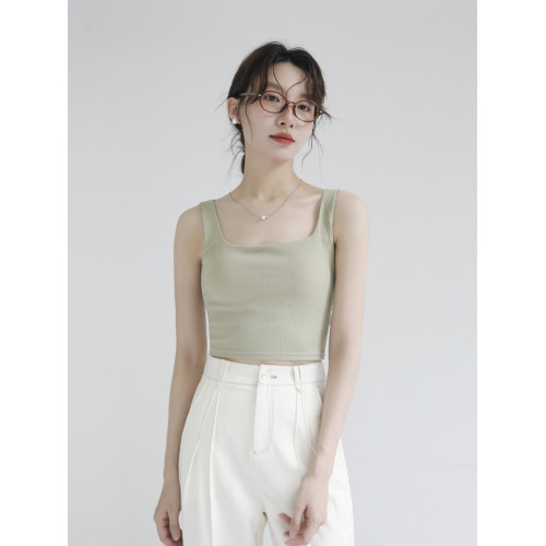 短款方領背心女帶胸墊辣妹性感美背防走光露臍打底無袖吊帶衫上衣