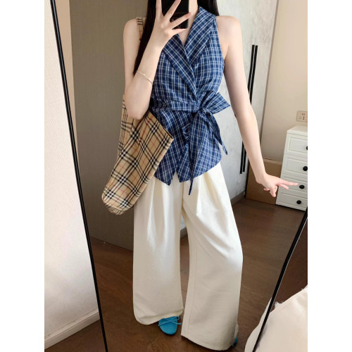 法式藍格子襯衫無袖背心女襯衣蝴蝶結綁帶外穿修身V領小上衣女夏
