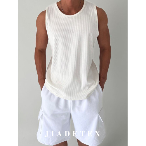 白色竪條螺紋*嘉德JIADE*寬松背心男夏季休閒彈力美式圓領無袖