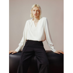 朗姿v領長袖上衣女襯衣氣質通勤高級感2024年春新款法式時尚襯衫