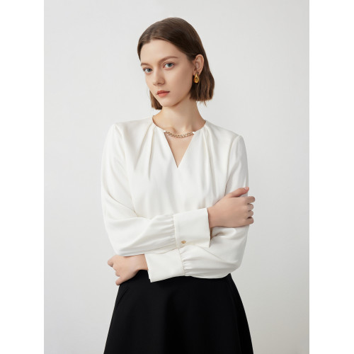 朗姿v領長袖上衣女襯衣氣質通勤高級感2024年春新款法式時尚襯衫