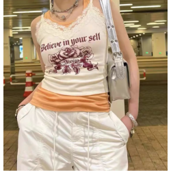 2024夏季新款日系M家花朵印花短款蕾絲邊吊帶衫背心