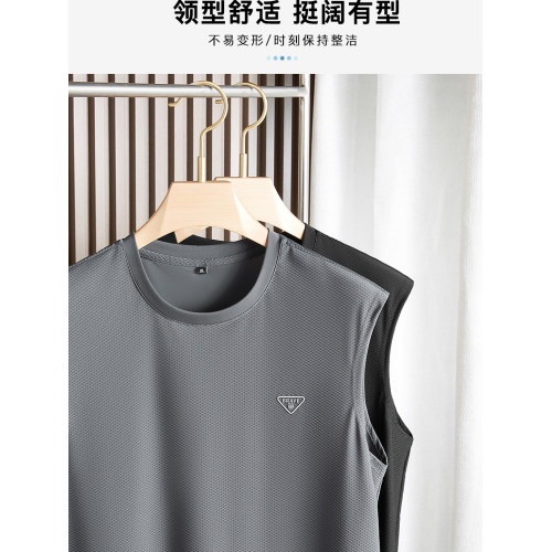 涼感冰絲背心男彈力薄款中年爸爸夏裝無袖t恤加肥加大運動速乾衣