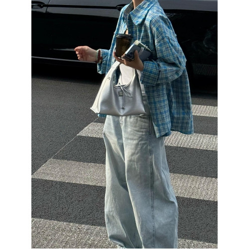 2025新款春秋美式潮牌藍色格子長袖襯衫外套情侶寬松復古男女襯衣