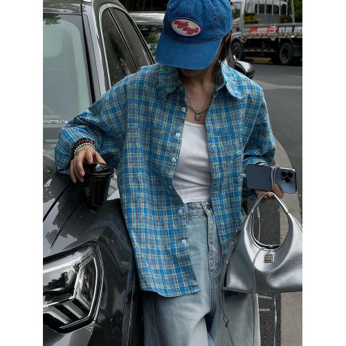 2025新款春秋美式潮牌藍色格子長袖襯衫外套情侶寬松復古男女襯衣