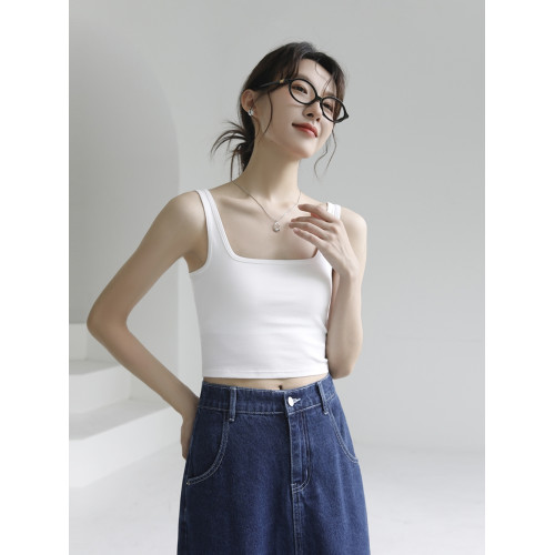 純棉帶胸墊方領背心女短款性感美背防走光露臍打底無袖吊帶衫上衣