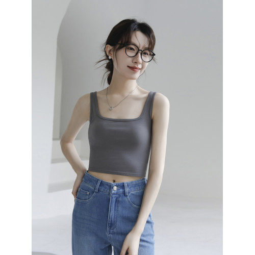 純棉帶胸墊方領背心女短款性感美背防走光露臍打底無袖吊帶衫上衣