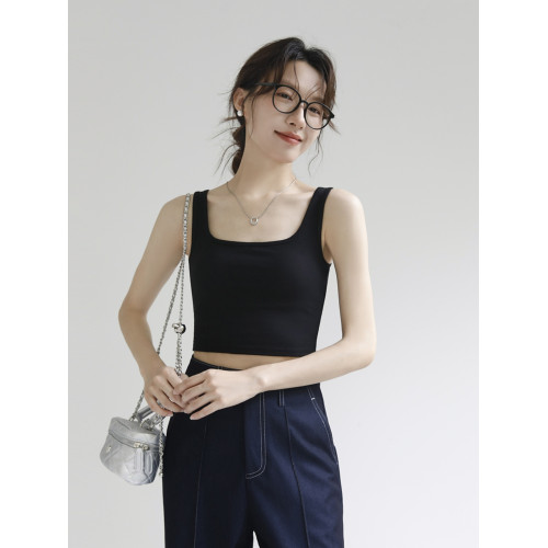 純棉帶胸墊方領背心女短款性感美背防走光露臍打底無袖吊帶衫上衣