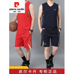 皮爾卡丹純棉運動服套裝男士夏季休閒跑步健身背心短褲球衣籃球服