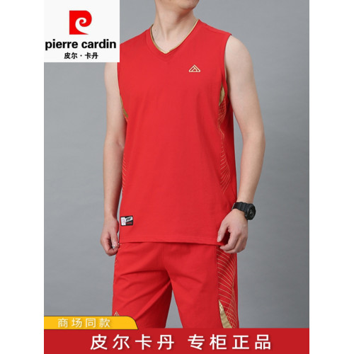 皮爾卡丹純棉運動服套裝男士夏季休閒跑步健身背心短褲球衣籃球服