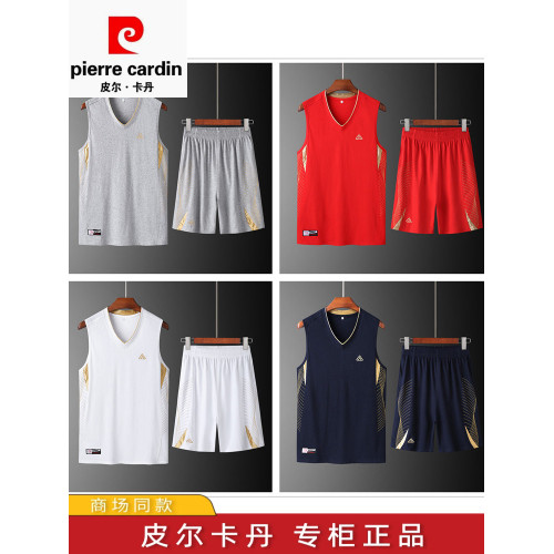 皮爾卡丹純棉運動服套裝男士夏季休閒跑步健身背心短褲球衣籃球服