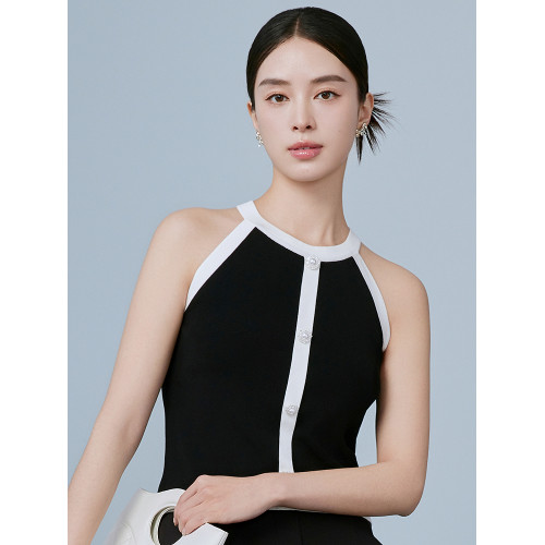 MOJO莫佐優雅知性黑白撞色吊帶衫2025年新款時尚無袖上衣朗姿集團