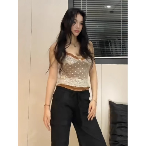 一慄莎子~純欲風辣妹波點蕾絲花邊小吊帶背心女無袖外穿內搭上衣